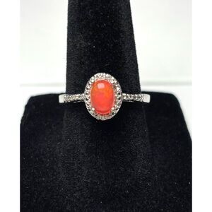 Sterling Silver 925 Opal Ring Orange Fire Opal Halo Ring Size 7 Dainty VTG Style